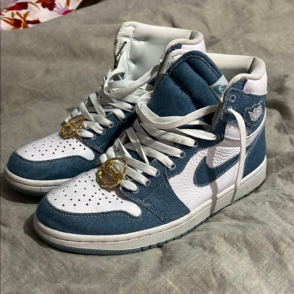 Blue and White High-Top Sneakers with Gold Accents